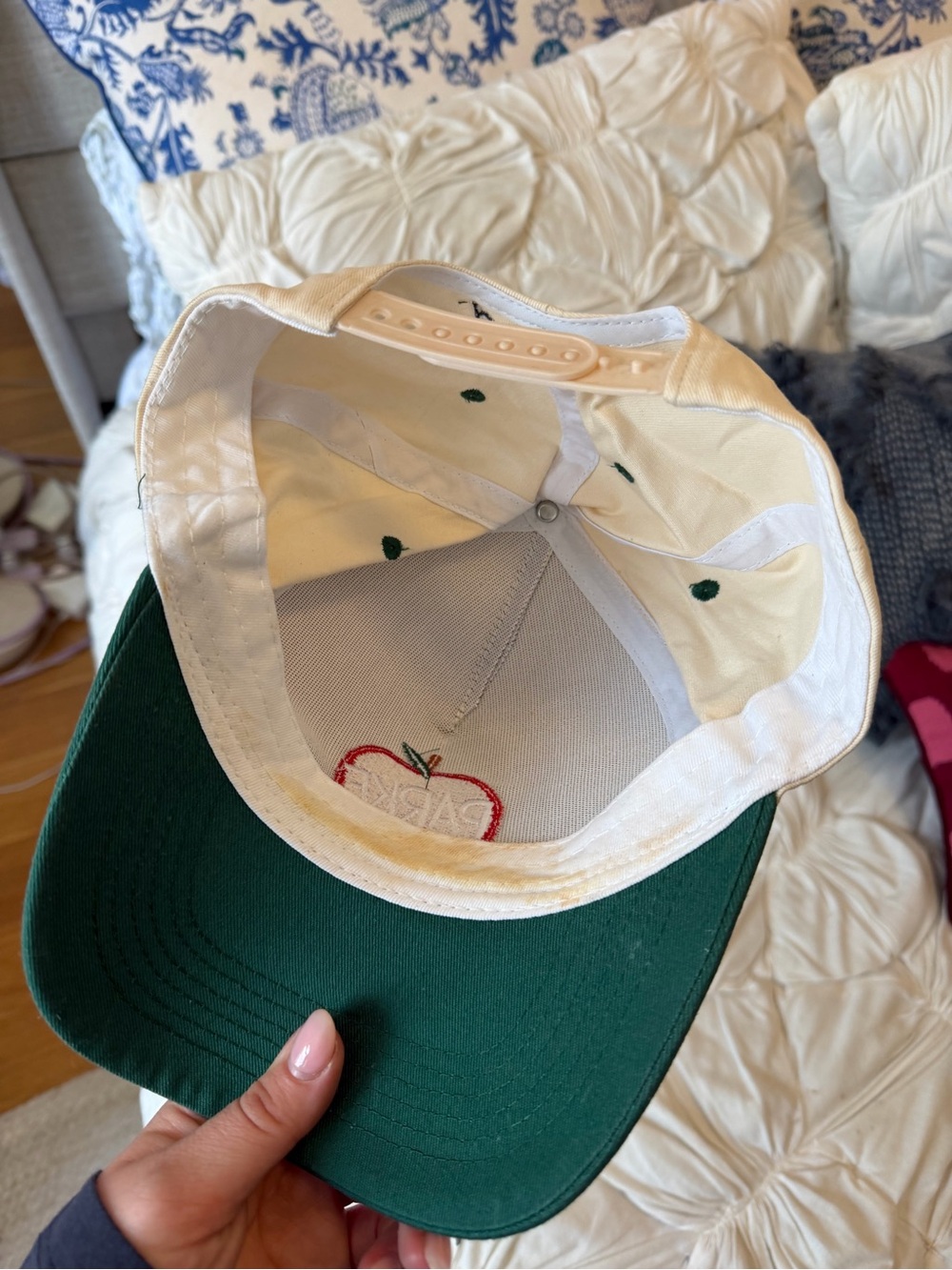 Parke Beige & Green Baseball Cap with Red Apple Patch - Picture 2 of 3